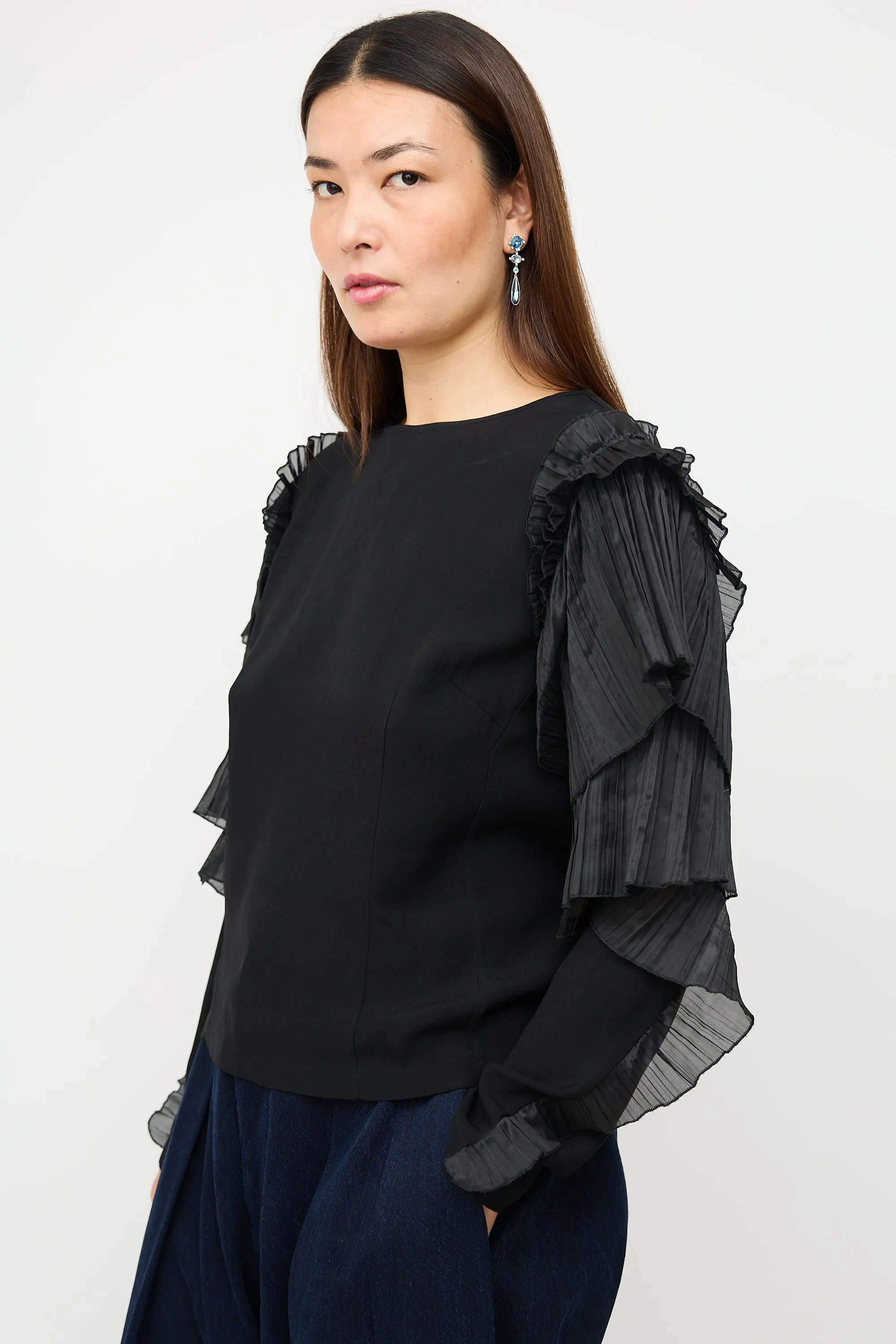 Black Pleated Tier Sleeve Top