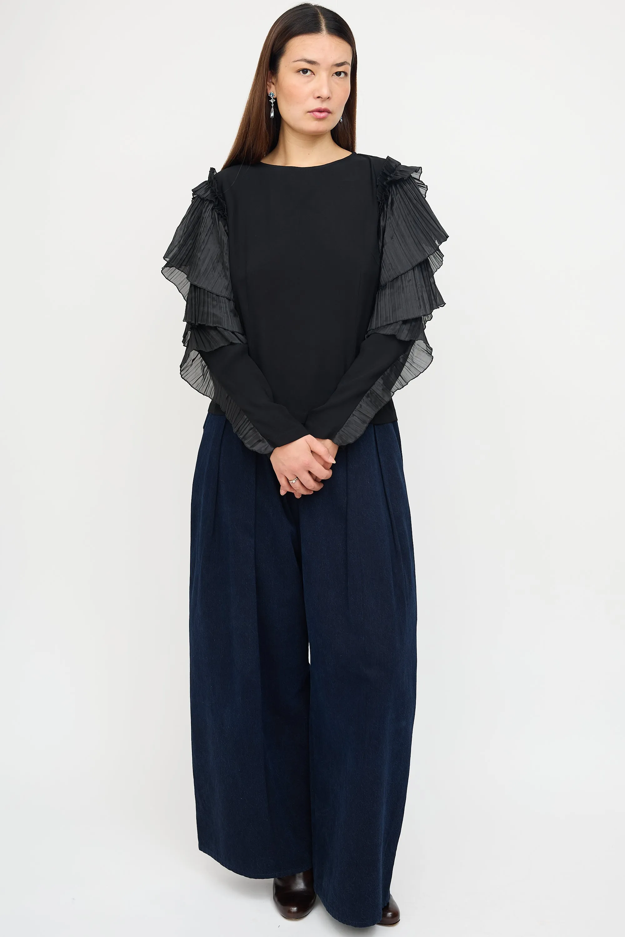 Black Pleated Tier Sleeve Top