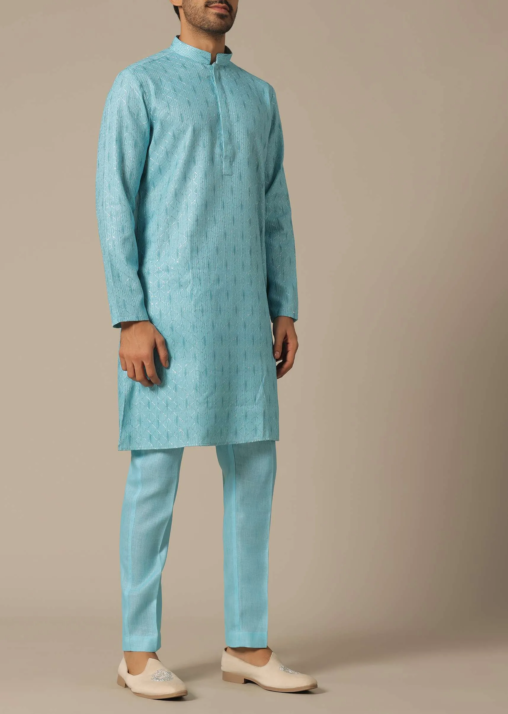 Blue Cotton Kurta Set With Resham Work