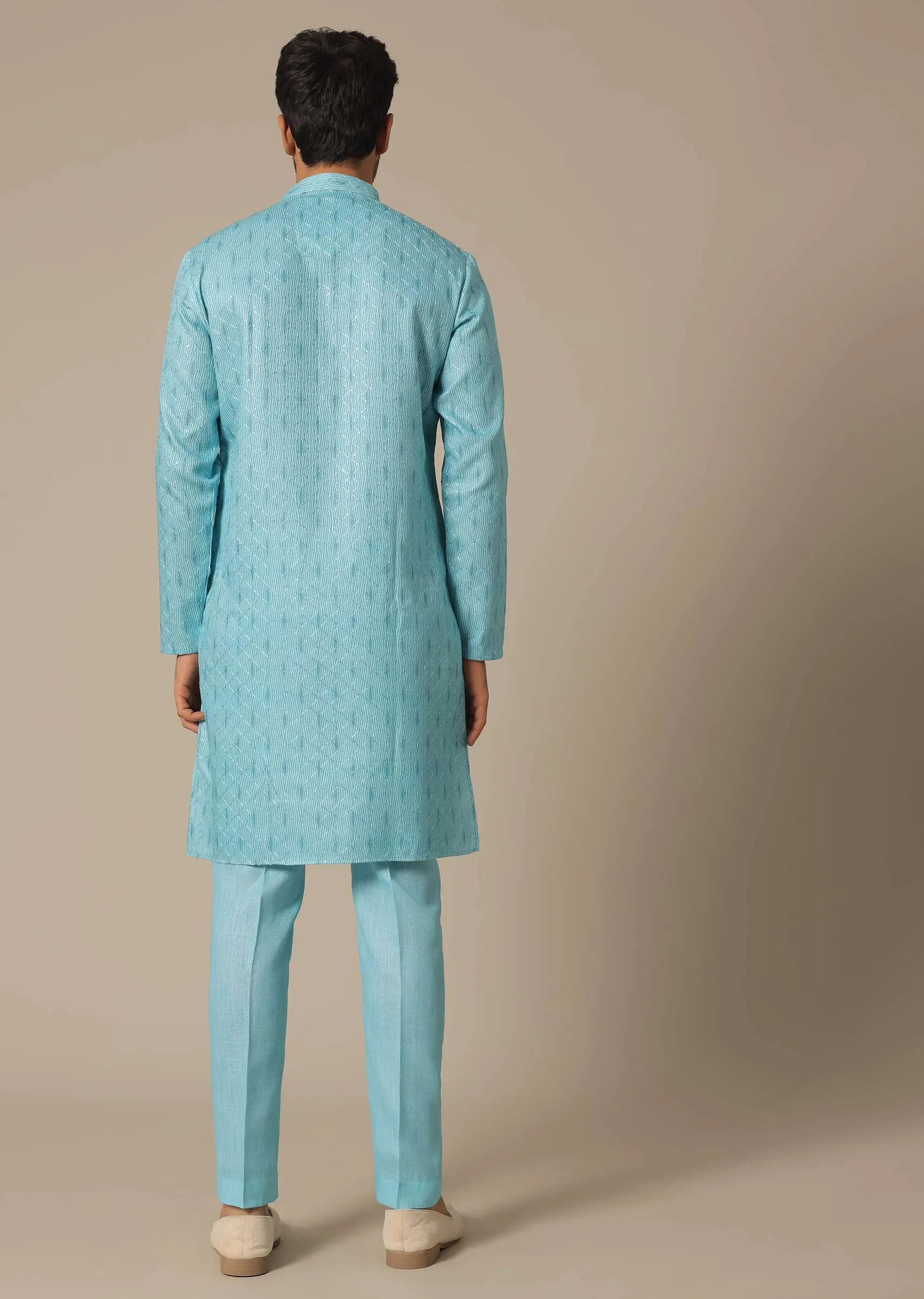 Blue Cotton Kurta Set With Resham Work
