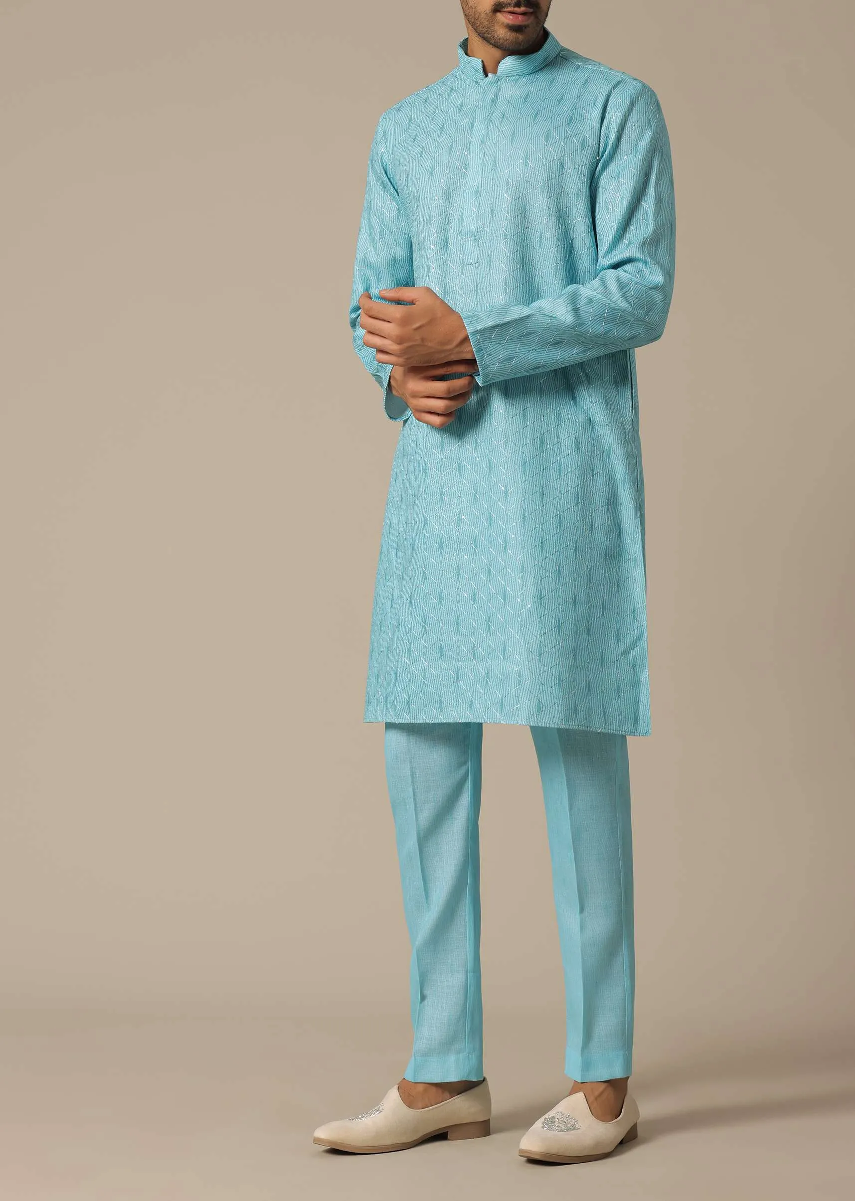 Blue Cotton Kurta Set With Resham Work