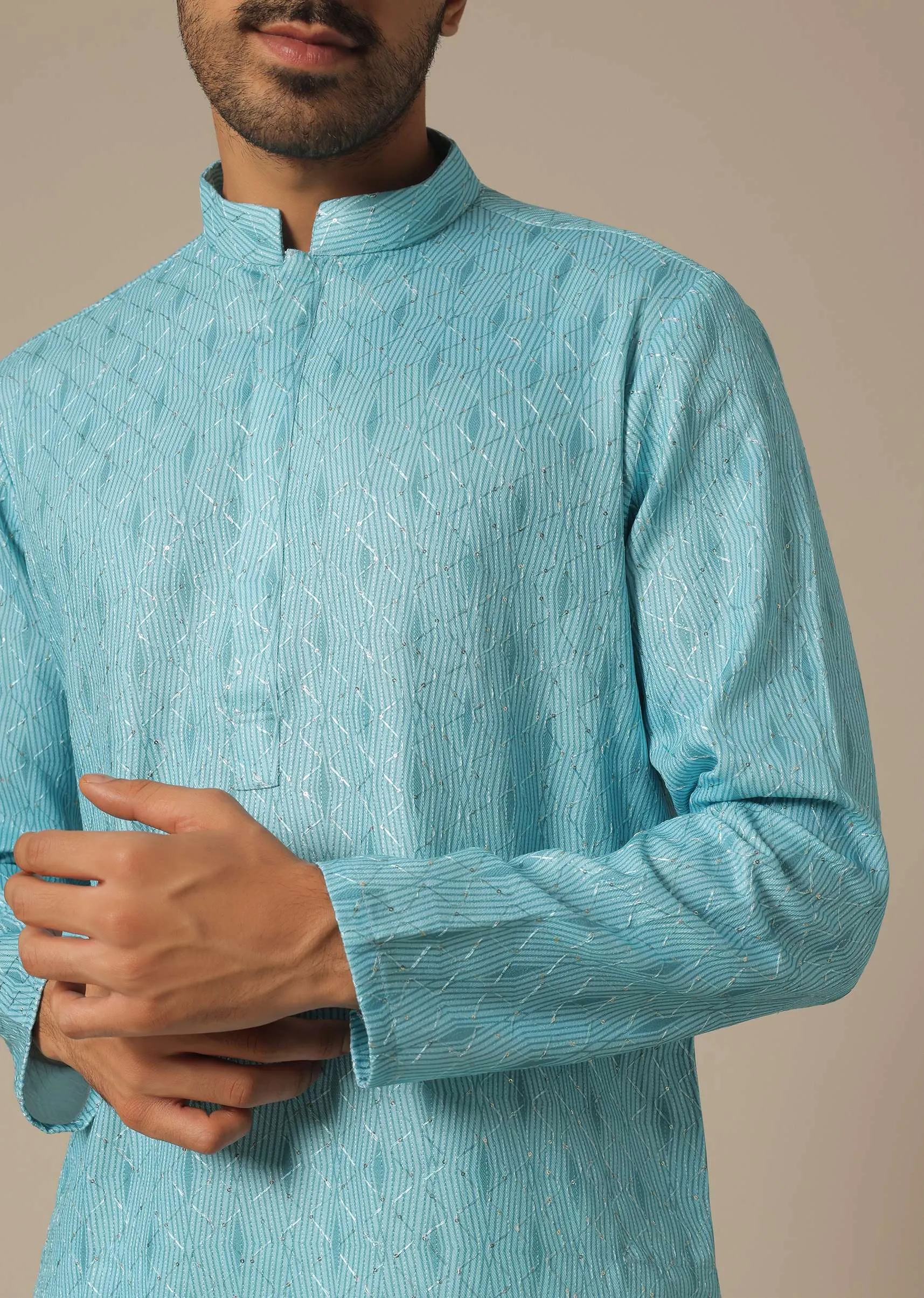 Blue Cotton Kurta Set With Resham Work