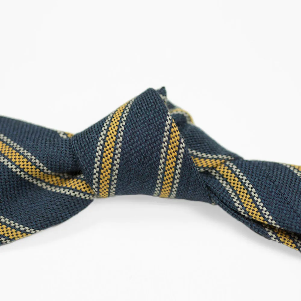 Blue panama wool & silk tie, yellow & white stripes