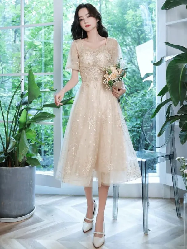 Champagne Evening Dress A-Line Sweetheart Neck Lace Half Sleeves Applique Tea-Length Formal Party Dresses