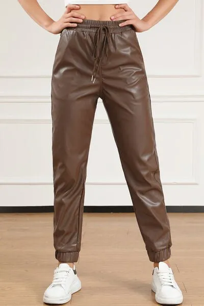 Chic Adjustable Waist Faux Leather Pants