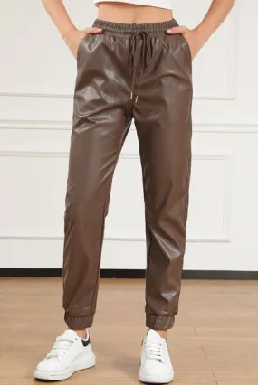 Chic Adjustable Waist Faux Leather Pants