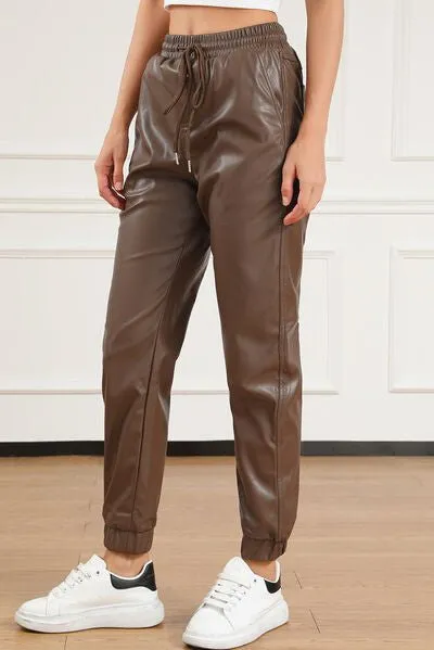 Chic Adjustable Waist Faux Leather Pants