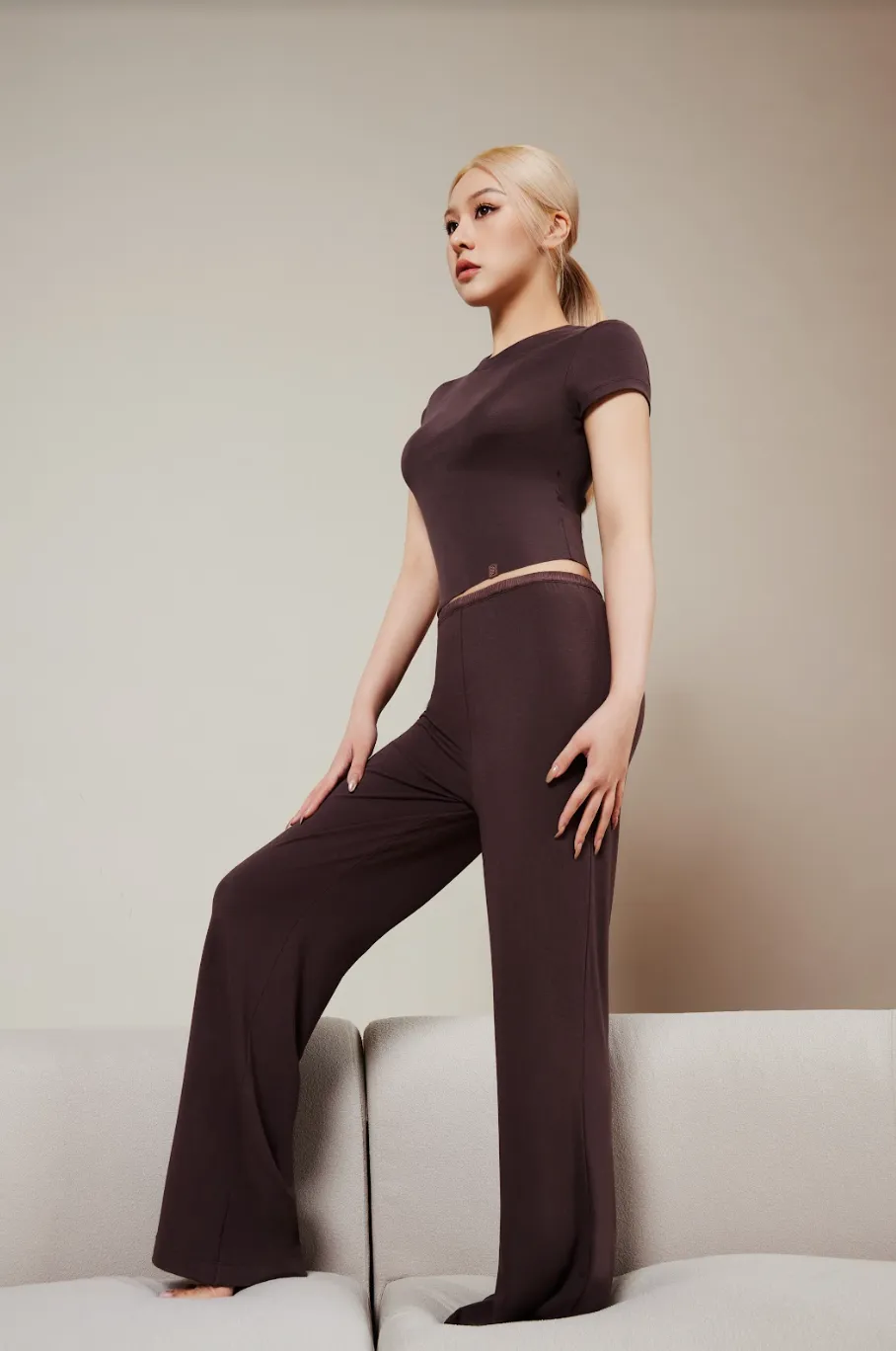 Chocolate Brown Silk Blend Flared Trousers
