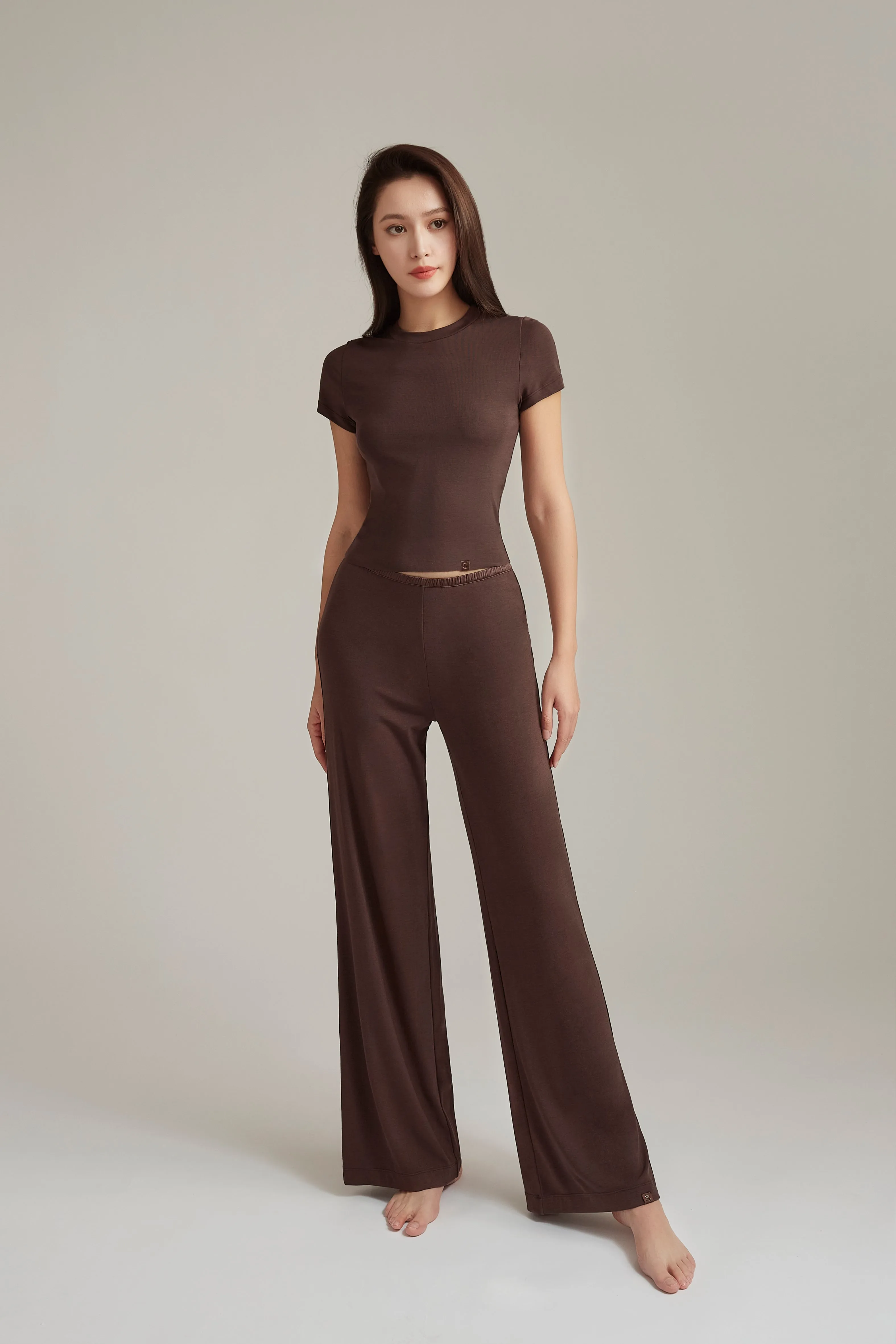 Chocolate Brown Silk Blend Flared Trousers