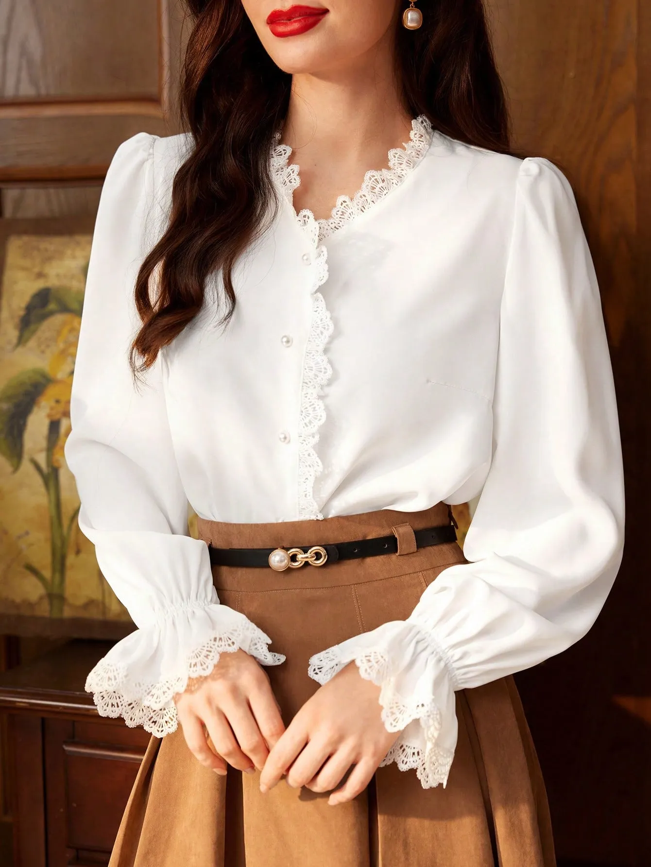 DECDS Vintage Elegant Women's Shirt With Lace Patchwork