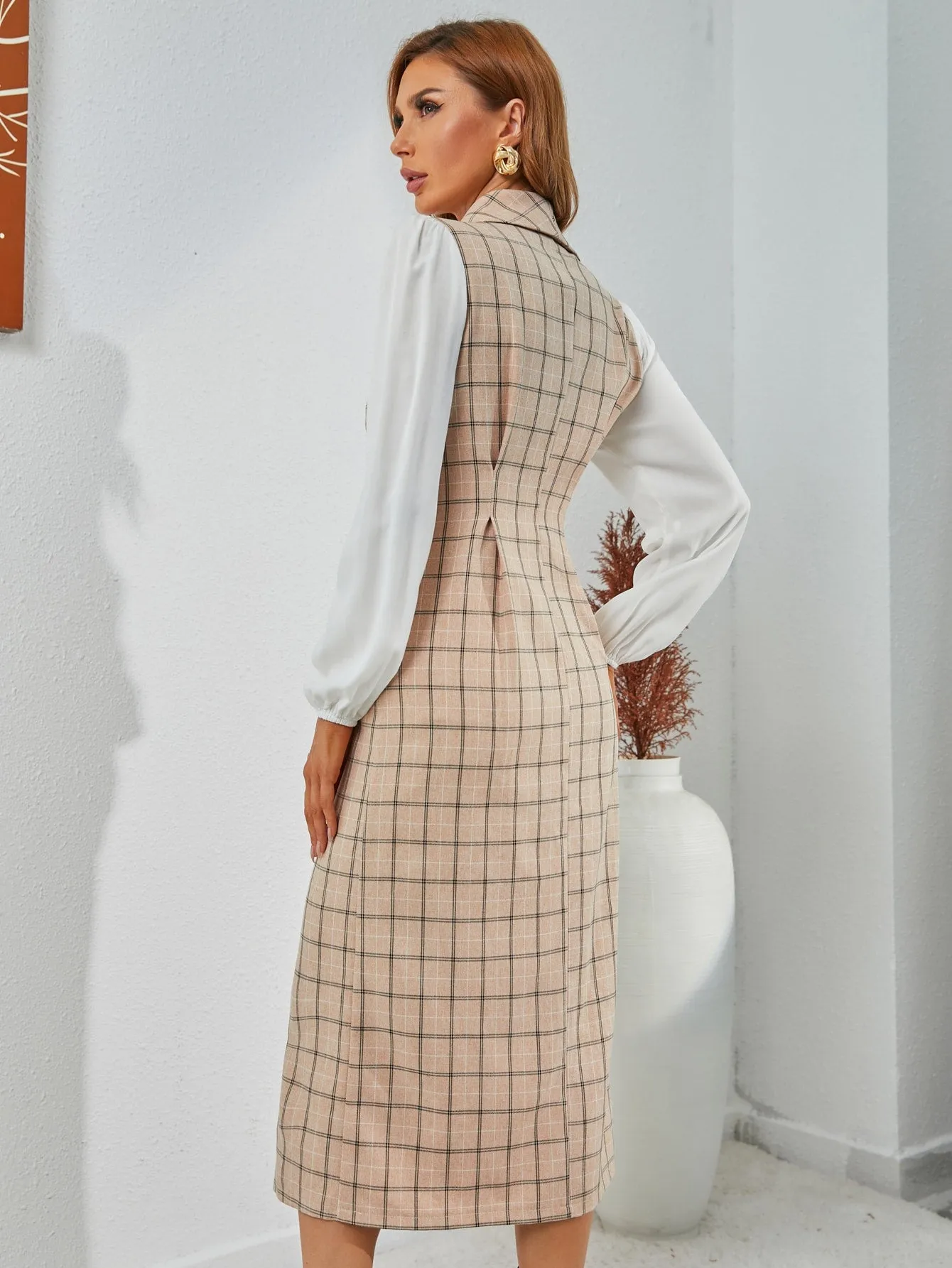 Elegant Plaid Double Button Sleeveless Lapel Long Women Coat