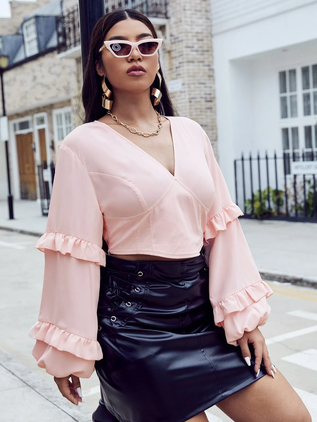 Elegant Plain Ruffle Long Sleeve V Neck Crop Plus Size Blouse