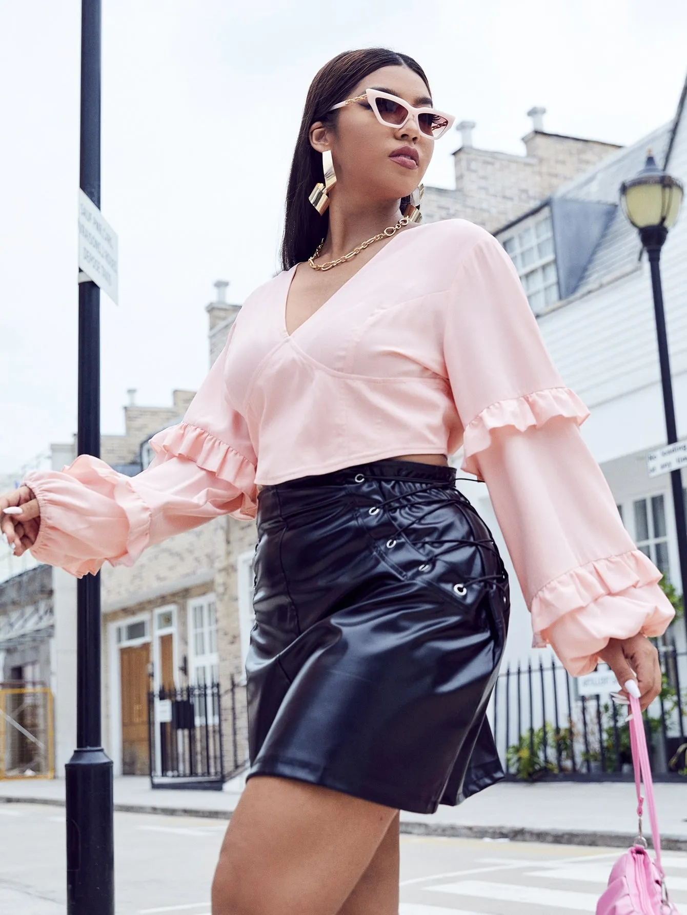 Elegant Plain Ruffle Long Sleeve V Neck Crop Plus Size Blouse