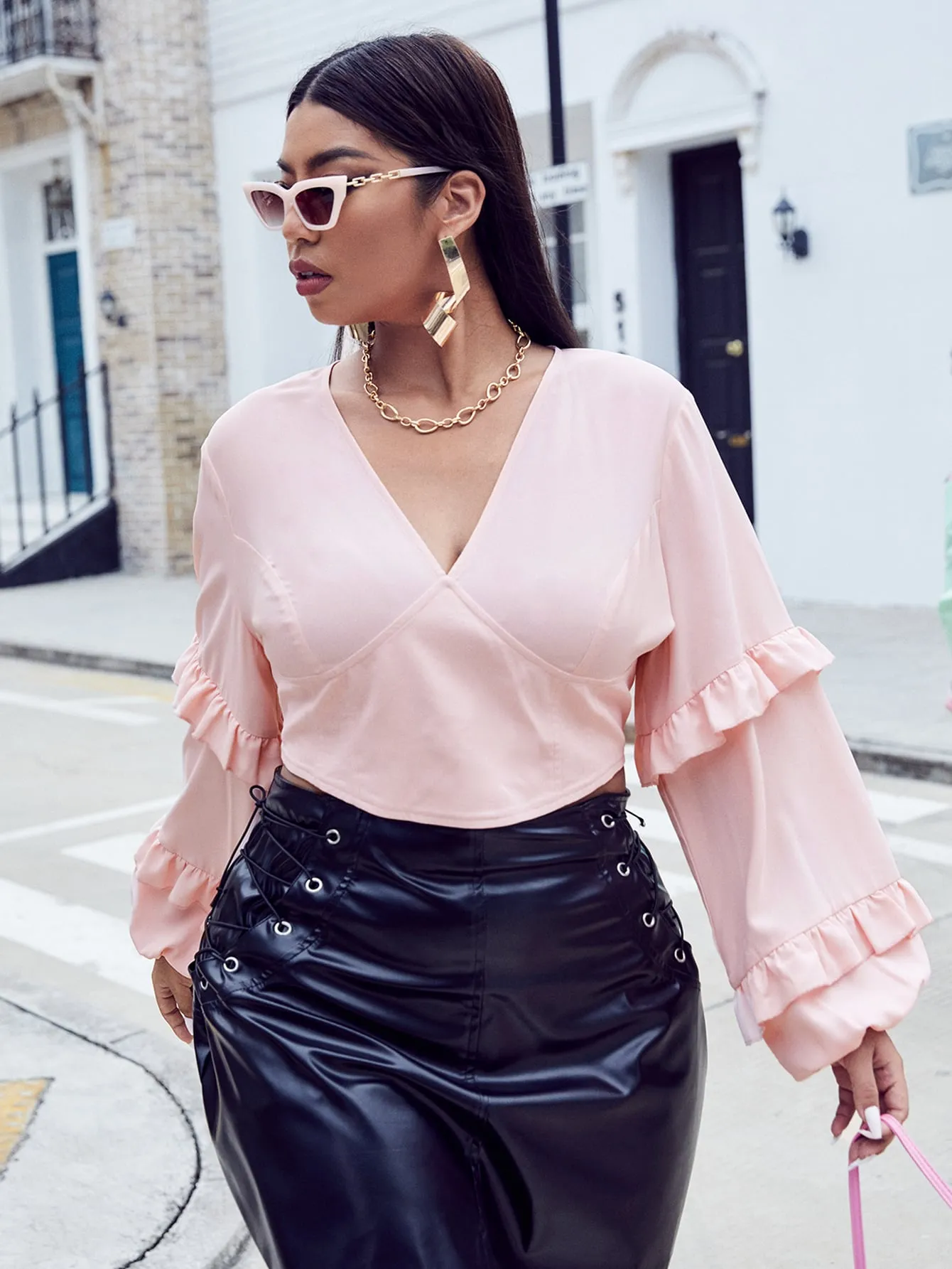 Elegant Plain Ruffle Long Sleeve V Neck Crop Plus Size Blouse