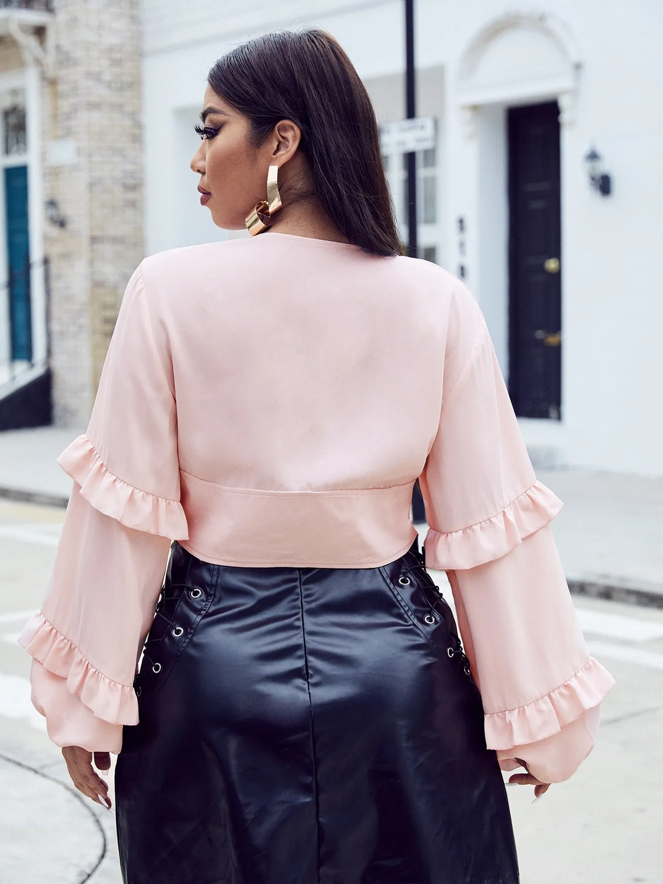 Elegant Plain Ruffle Long Sleeve V Neck Crop Plus Size Blouse