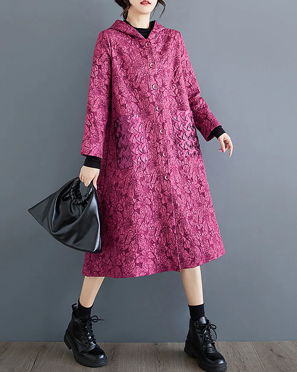 ellazhu Women's Coat Long Sleeve Button Down Hooded Two Side Pockets Floral Pattern Flowy Hem Loose GZ303