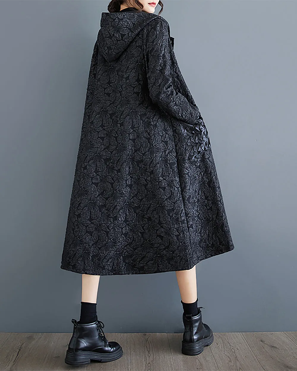 ellazhu Women's Coat Long Sleeve Button Down Hooded Two Side Pockets Floral Pattern Flowy Hem Loose GZ303