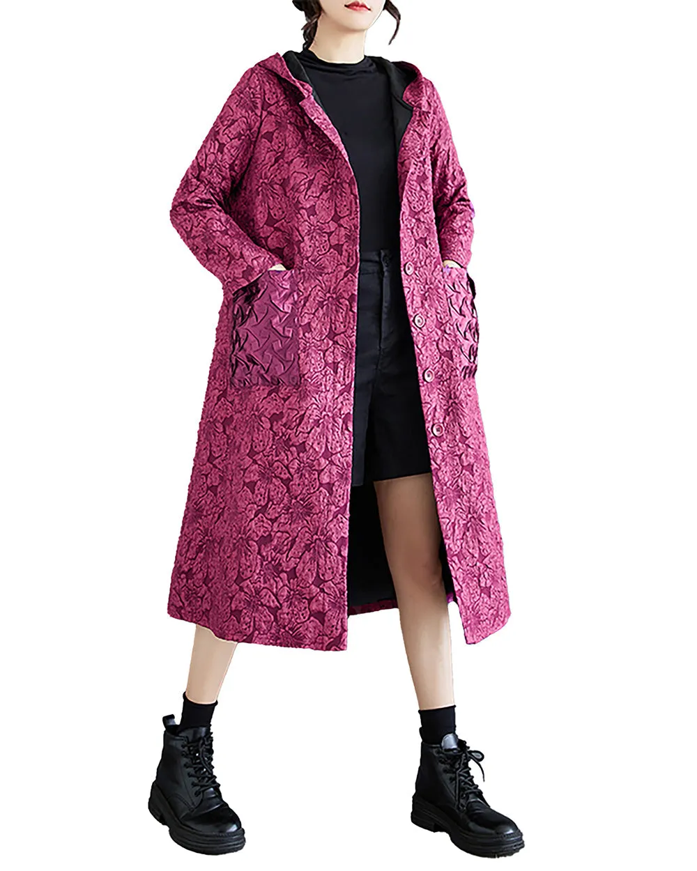 ellazhu Women's Coat Long Sleeve Button Down Hooded Two Side Pockets Floral Pattern Flowy Hem Loose GZ303