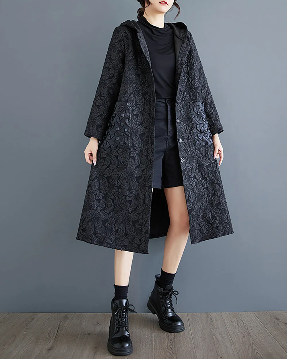 ellazhu Women's Coat Long Sleeve Button Down Hooded Two Side Pockets Floral Pattern Flowy Hem Loose GZ303