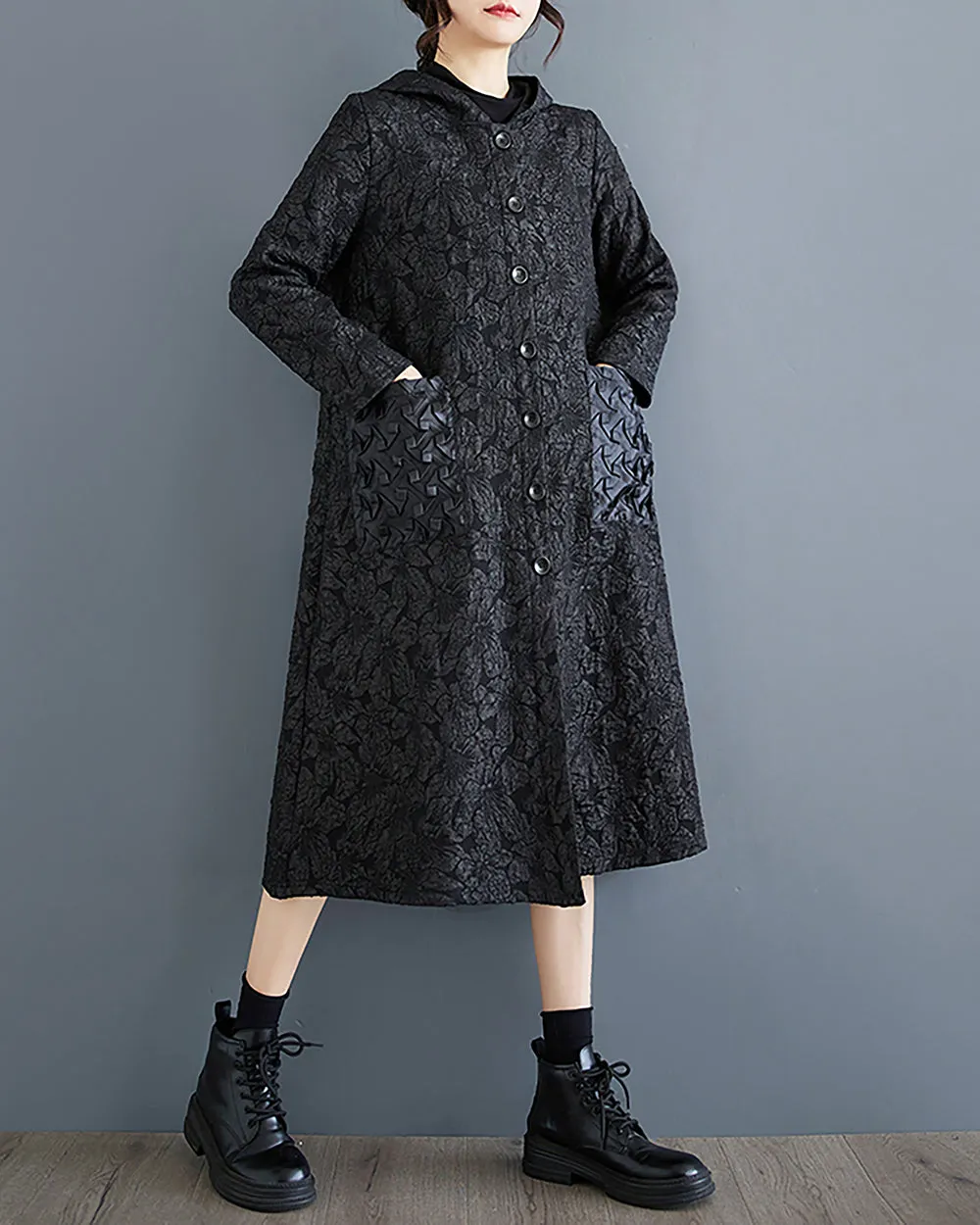 ellazhu Women's Coat Long Sleeve Button Down Hooded Two Side Pockets Floral Pattern Flowy Hem Loose GZ303