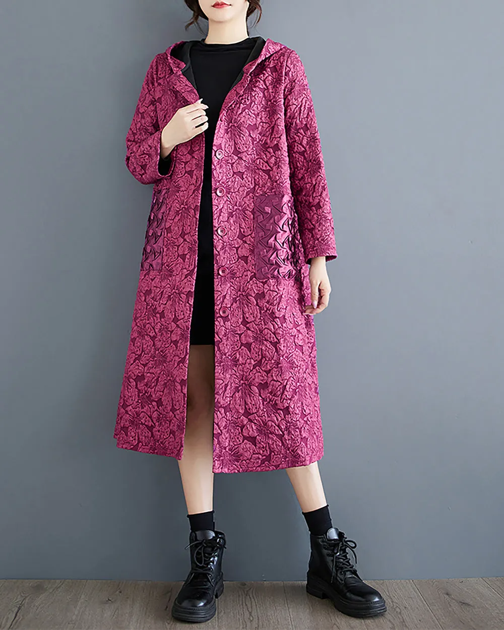 ellazhu Women's Coat Long Sleeve Button Down Hooded Two Side Pockets Floral Pattern Flowy Hem Loose GZ303