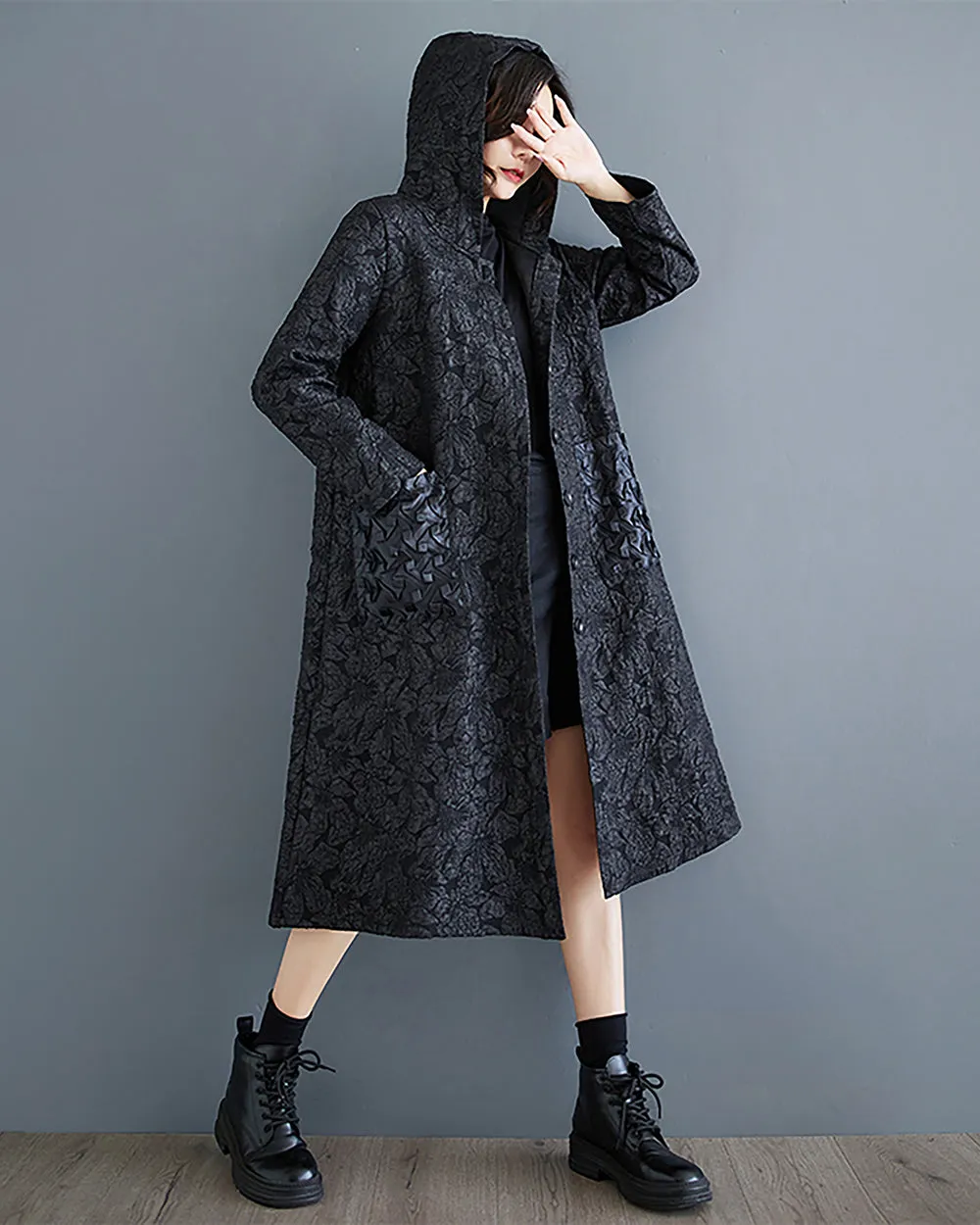 ellazhu Women's Coat Long Sleeve Button Down Hooded Two Side Pockets Floral Pattern Flowy Hem Loose GZ303