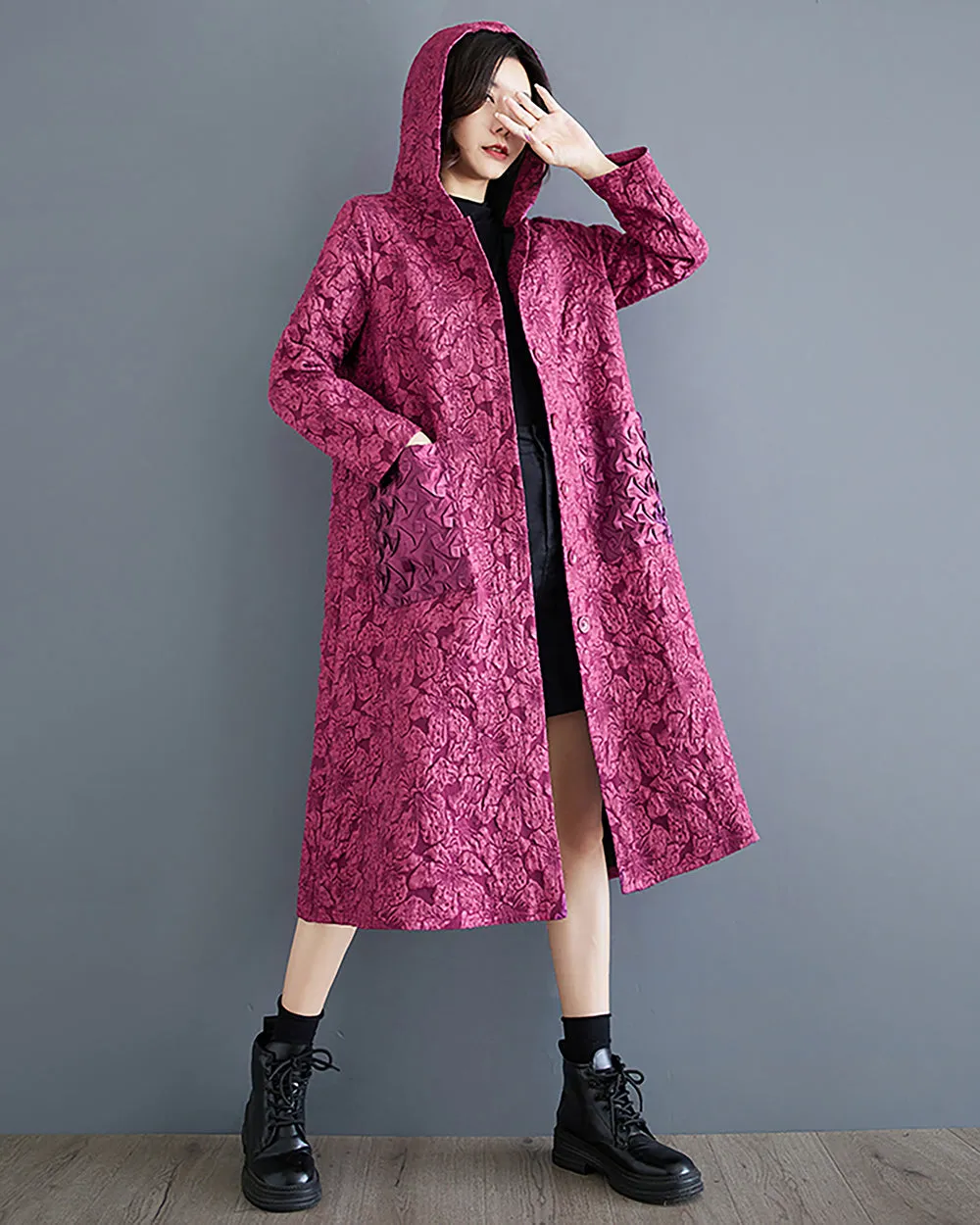 ellazhu Women's Coat Long Sleeve Button Down Hooded Two Side Pockets Floral Pattern Flowy Hem Loose GZ303