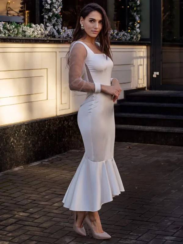 Evening Dress Sheath Square Neck Tea-Length Long Sleeves Zipper Ruffles Polyester White Formal Party Dresses