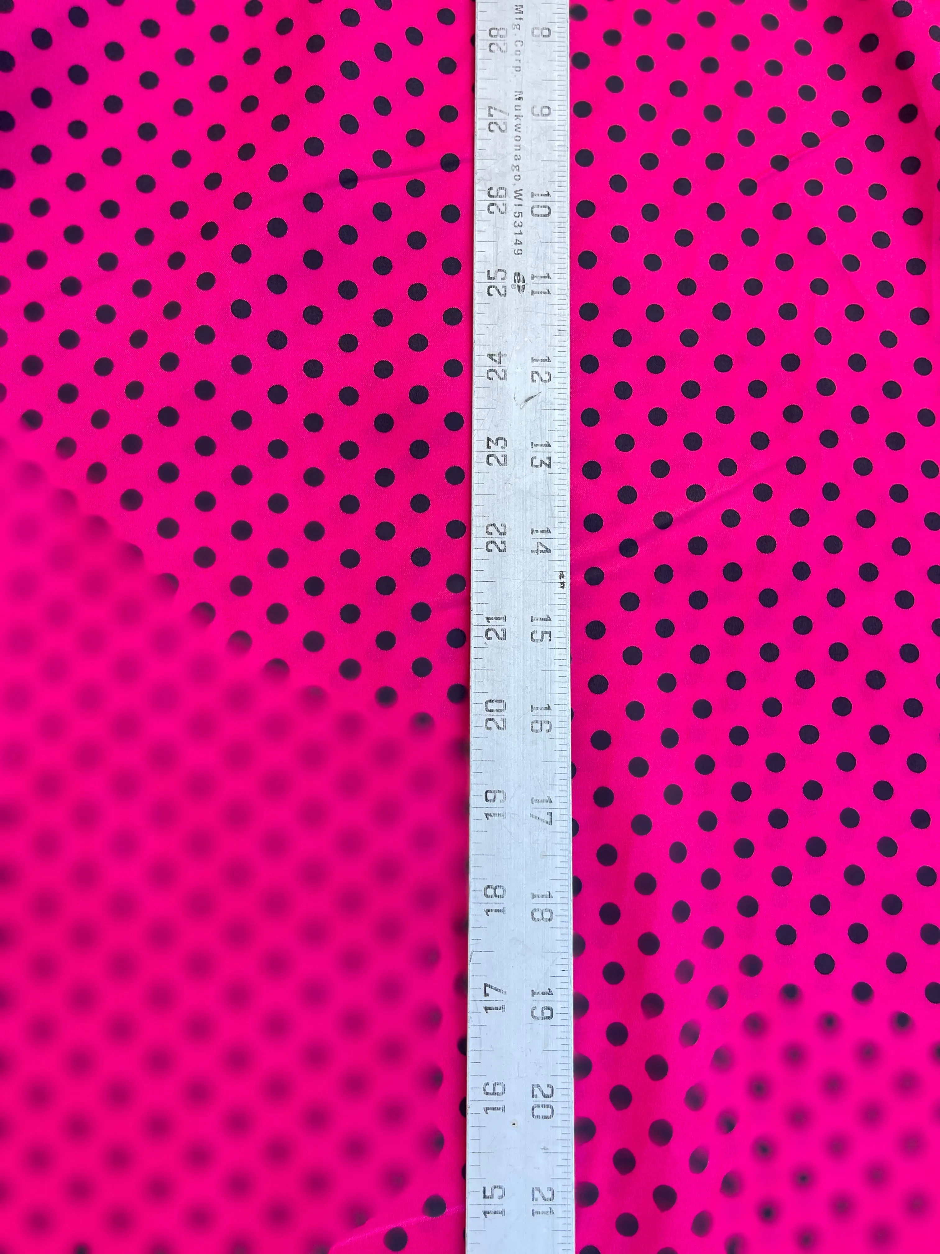 Faux silk charmeus satin fabric by the yard - black polka dots on Hot Pink