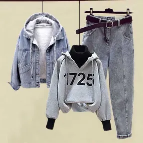 Fleece Hooded Denim Coat Number Print Plush Hoodie Pants Set