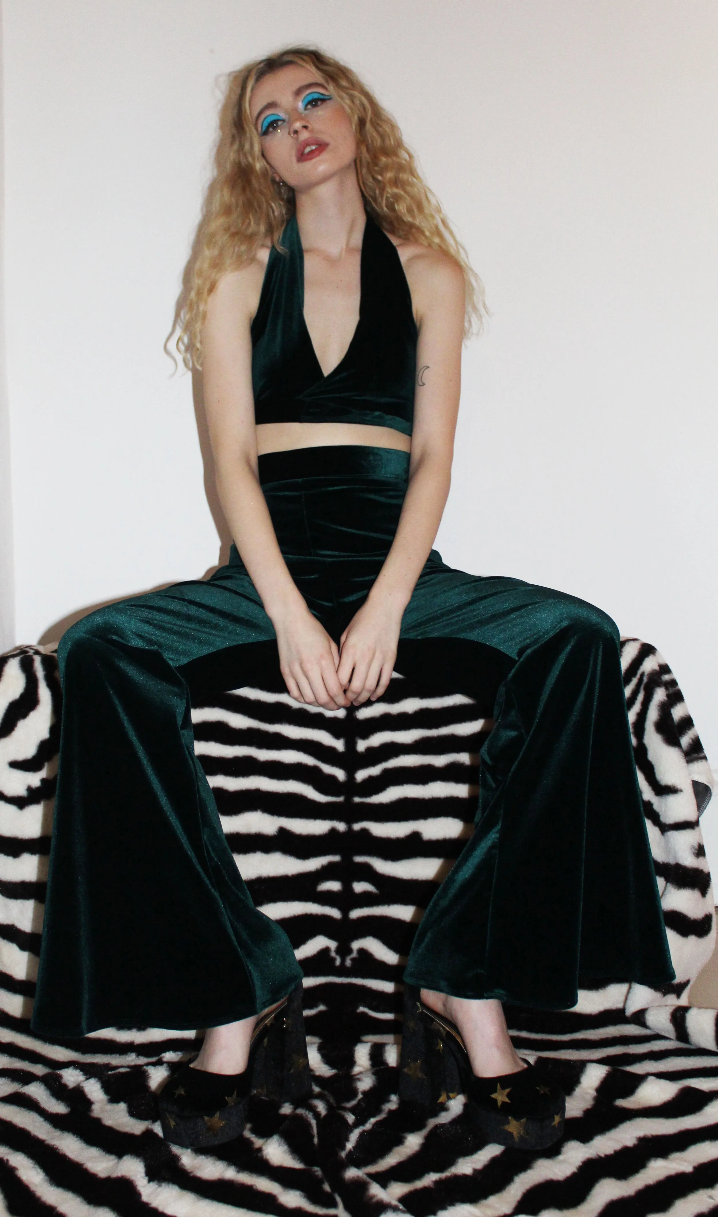 'Ivy' green elasticated velvet flares