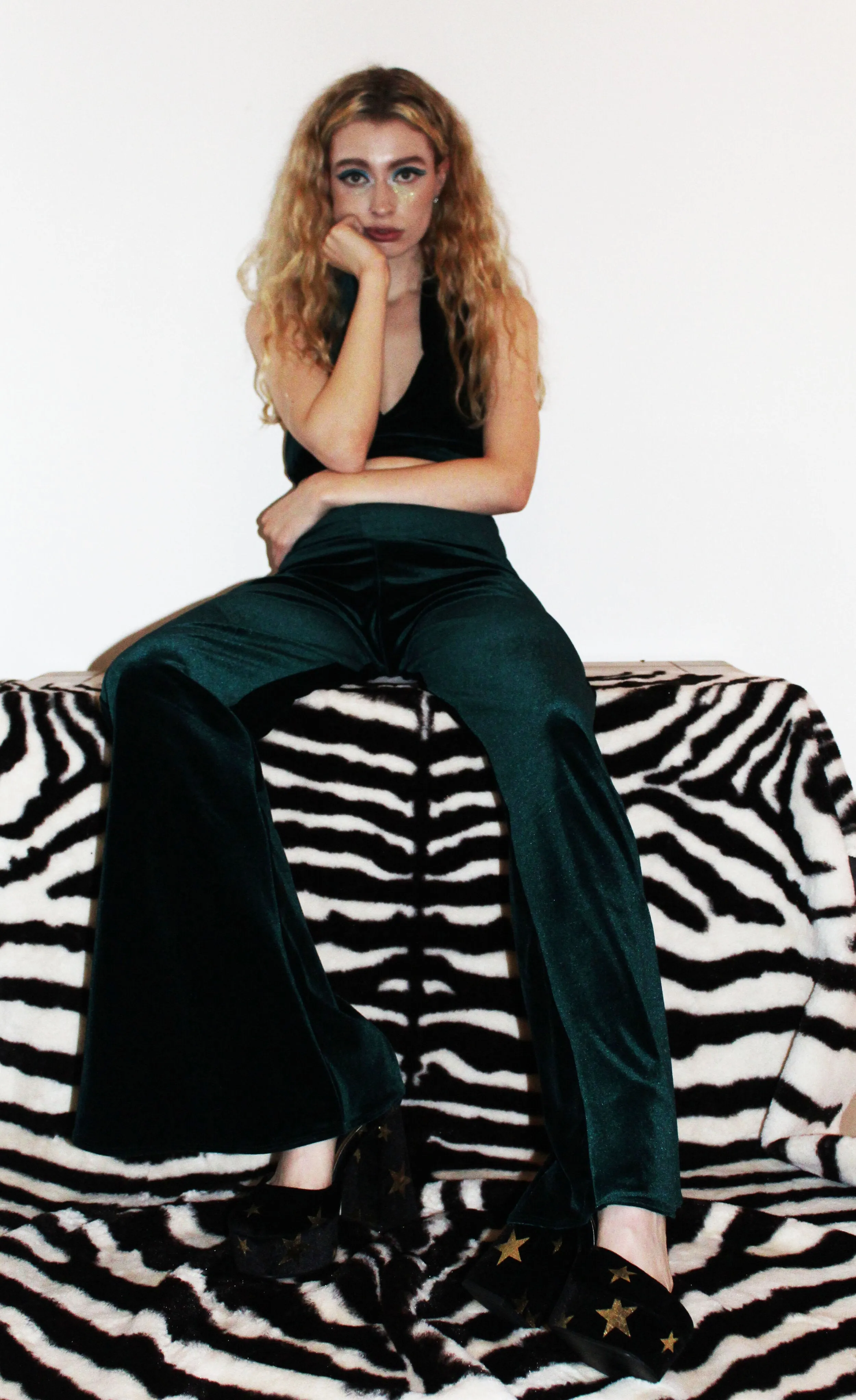 'Ivy' green elasticated velvet flares