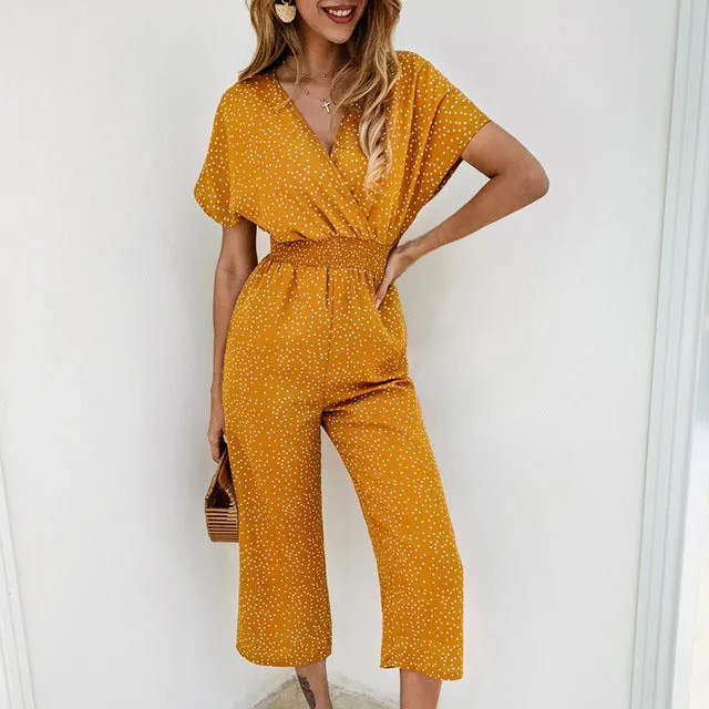 Jumpsuit Short Sleeve Wide Leg Loose Jumpsuit Women Jumpsuits Rompers Summer Casual Print V-neck Pocket Overalls 2020 Fashion