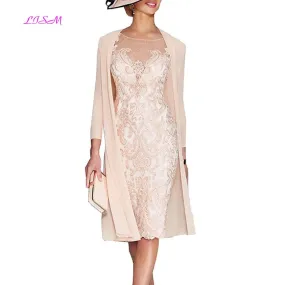 Light Pink Women's Mother of The Groom Dresses Tea Length Lace Mother of the Bride Dress with Jacket Formal Evening Gowns
