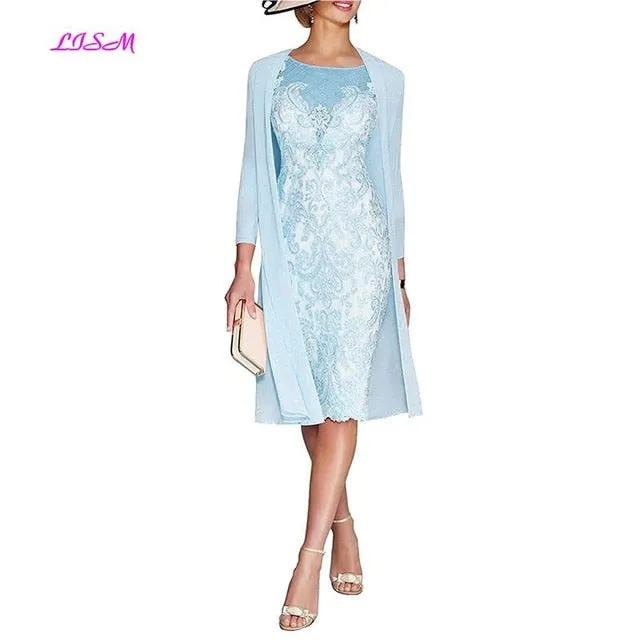 Light Pink Women's Mother of The Groom Dresses Tea Length Lace Mother of the Bride Dress with Jacket Formal Evening Gowns