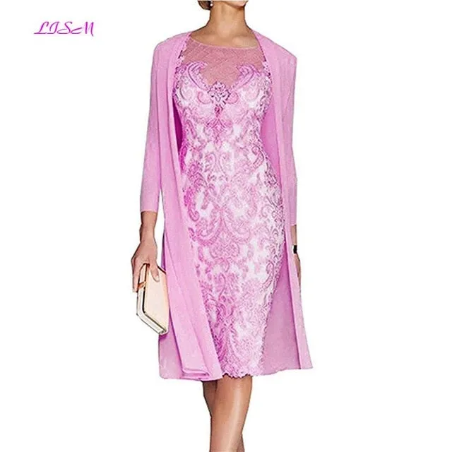 Light Pink Women's Mother of The Groom Dresses Tea Length Lace Mother of the Bride Dress with Jacket Formal Evening Gowns
