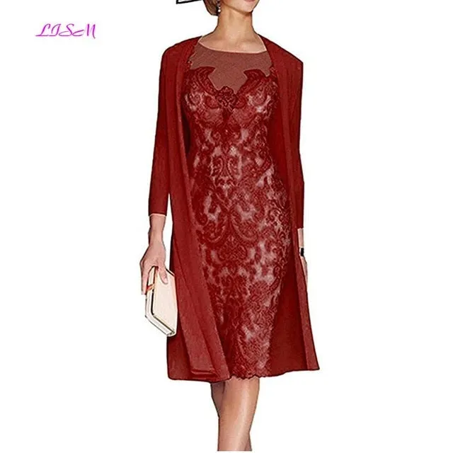 Light Pink Women's Mother of The Groom Dresses Tea Length Lace Mother of the Bride Dress with Jacket Formal Evening Gowns