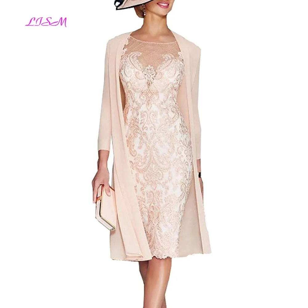 Light Pink Women's Mother of The Groom Dresses Tea Length Lace Mother of the Bride Dress with Jacket Formal Evening Gowns