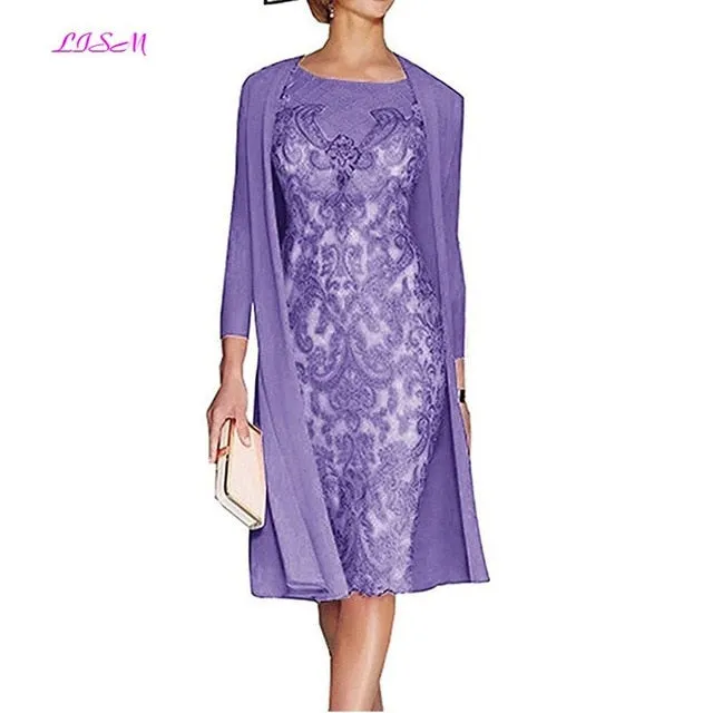 Light Pink Women's Mother of The Groom Dresses Tea Length Lace Mother of the Bride Dress with Jacket Formal Evening Gowns