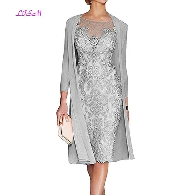 Light Pink Women's Mother of The Groom Dresses Tea Length Lace Mother of the Bride Dress with Jacket Formal Evening Gowns