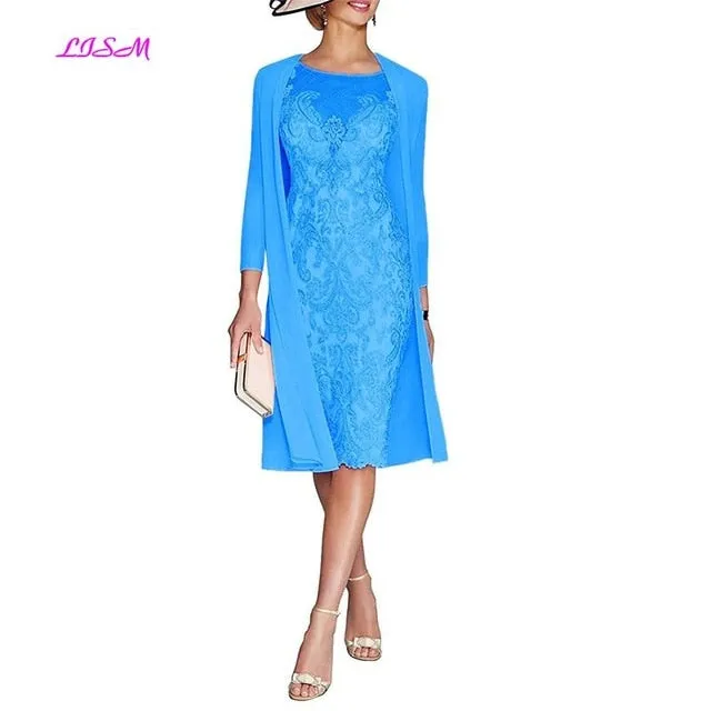 Light Pink Women's Mother of The Groom Dresses Tea Length Lace Mother of the Bride Dress with Jacket Formal Evening Gowns