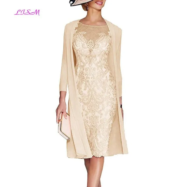Light Pink Women's Mother of The Groom Dresses Tea Length Lace Mother of the Bride Dress with Jacket Formal Evening Gowns