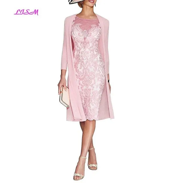Light Pink Women's Mother of The Groom Dresses Tea Length Lace Mother of the Bride Dress with Jacket Formal Evening Gowns