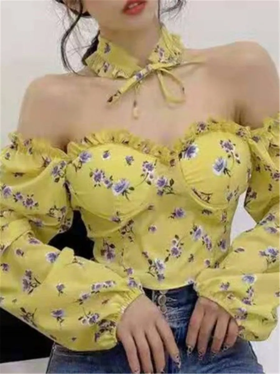 LONGBIDA Blouse Ruffles Gothic Floral Print Elegant Women Shirts