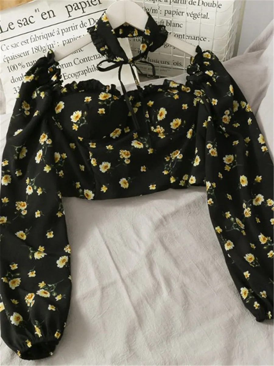 LONGBIDA Blouse Ruffles Gothic Floral Print Elegant Women Shirts