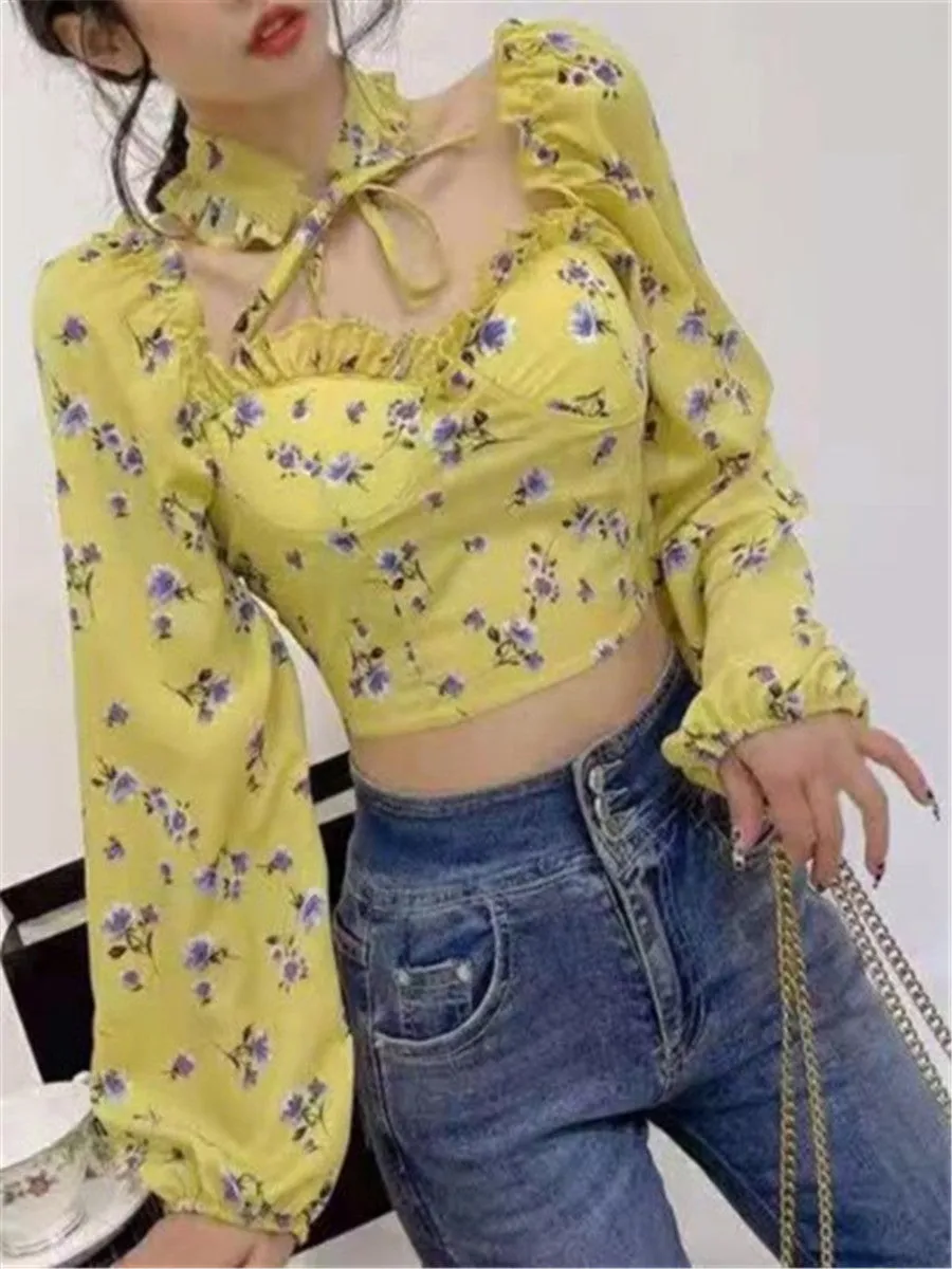 LONGBIDA Blouse Ruffles Gothic Floral Print Elegant Women Shirts