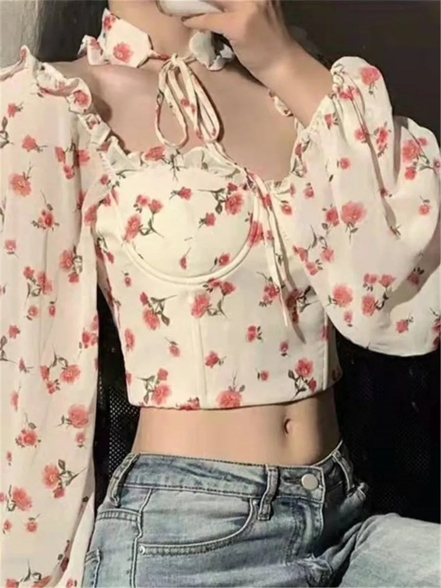 LONGBIDA Blouse Ruffles Gothic Floral Print Elegant Women Shirts