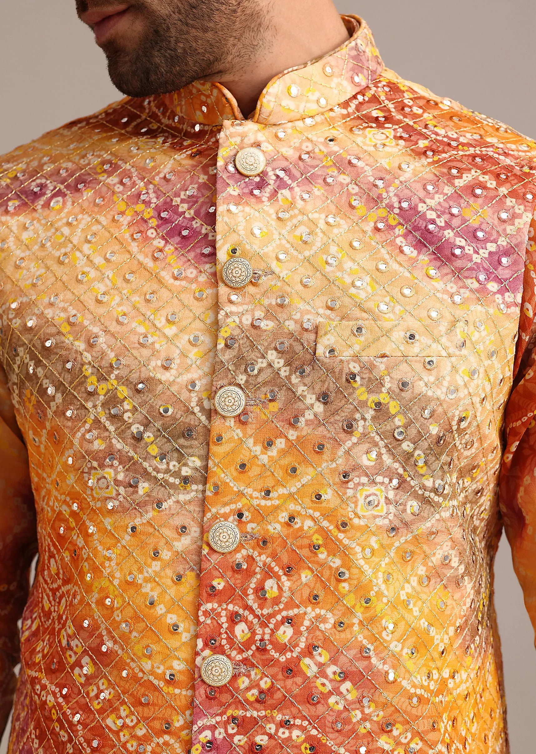Orange Tie Dye Jacket Kurta And Jacket Set With Mirror Work
