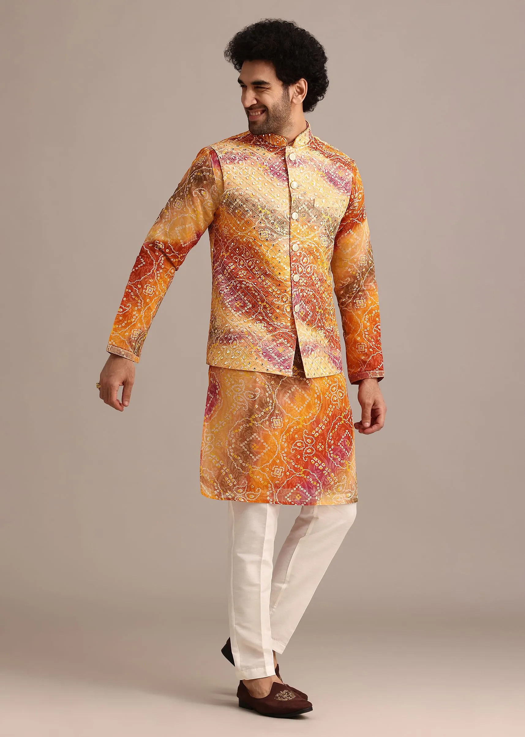 Orange Tie Dye Jacket Kurta And Jacket Set With Mirror Work