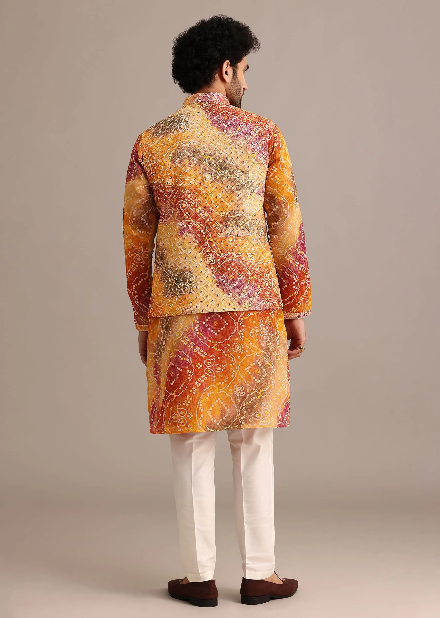 Orange Tie Dye Jacket Kurta And Jacket Set With Mirror Work